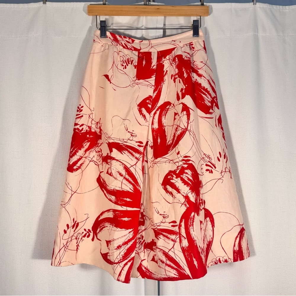 Classiques Entier Silk-Linen Blend Red Floral A-Line Skirt